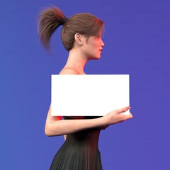 beautiful mature young woman with facial expression and hairstyle holding a sign in her hands, 3D illustration