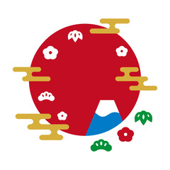 富士山と松竹梅とエ霞の和風モダンな赤い円フレーム