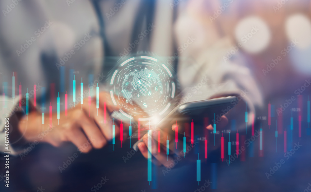 Poster stock exchange market concept, hand using smartphone with graphs analysis candle line and foreign cu