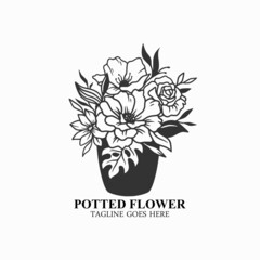 Potted flower logo, house plant vector silhouette, flower pot home decor design, florist logo