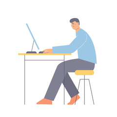 Young man with computer sitting on chair at the desk and working. Flat character vector illustration.