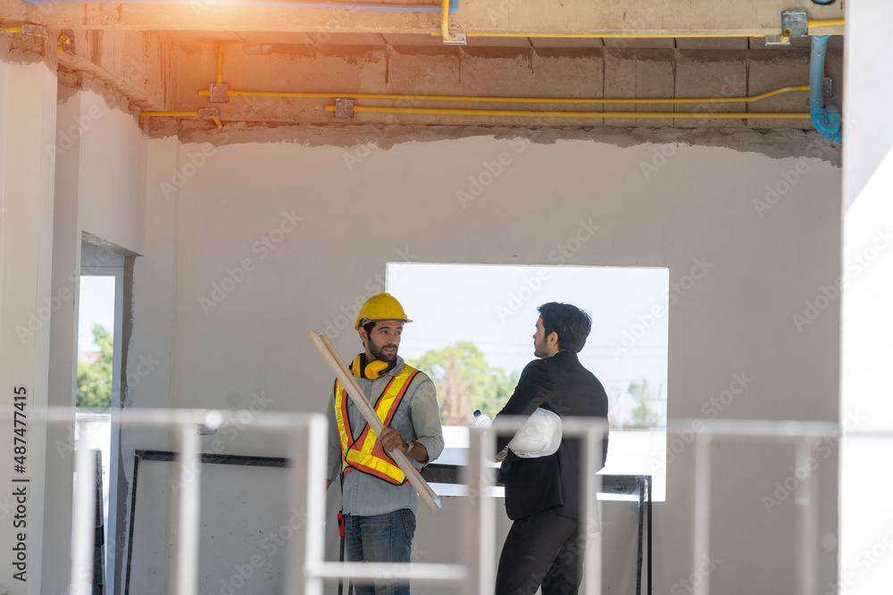Aufkleber architect and engineer foreman in helmet working on a building site,civil engineer project construct