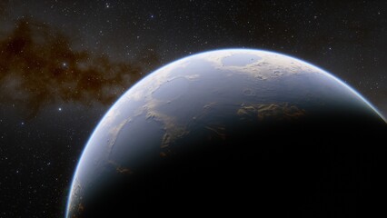 Fototapeta premium View of planet earth from space, detailed planet surface, science fiction wallpaper, cosmic landscape 3D render 