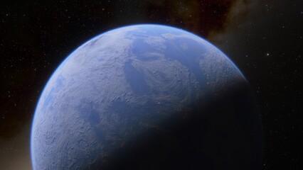 Obraz na płótnie Canvas View of planet earth from space, detailed planet surface, science fiction wallpaper, cosmic landscape 3D render 