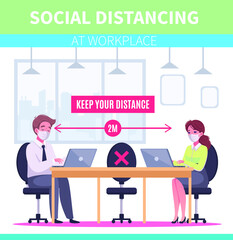 Social distancing at office workstation vector concept. Vector illustration of office signage.