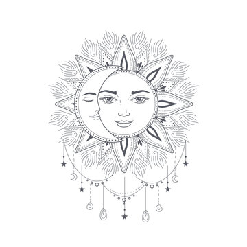 Esoteric symbol sun and moon boho vector illustration. Mystical astrology, boho celestial and magic.