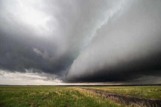 A thick shelf cloud approaches as a powerful storm moves across a field in the plains.