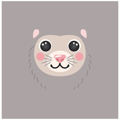 Cute opossum portrait square smile head cartoon round shape animal face, isolated possum avatar vector icon illustration. Flat simple hand drawn for kids poster, cards, t-shirts, baby clothes