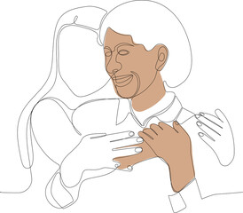 Continuous one line drawing of happy family portrait mothers or international womans day holiday celebrations concept elderly. Vector illustration