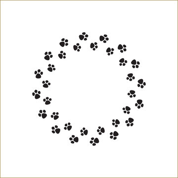 Black dog paw prints circle frame or border. Dog paw ring design