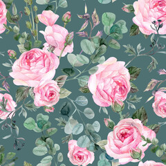 Vintage seamless pattern with delicate roses and branches on a green background for textiles and retro designs