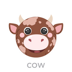 Cow Cute portrait with name text smile head farm avatar cartoon round shape animal face, isolated vector icon illustrations. Flat simple hand drawn for kids poster, UI app, t-shirts, baby clothes