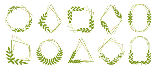 Natural gold polygonal frame leaf floral green silhouette set. Geometric vintage monogram signboard text decorative. Elegant line spring pattern stroke decor postcard botanic symbol isolated