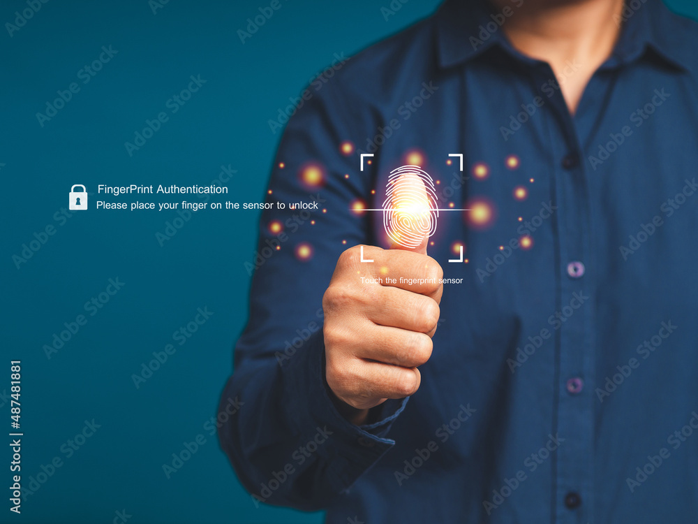 Poster businessman scan fingerprint biometric identity to access personal data