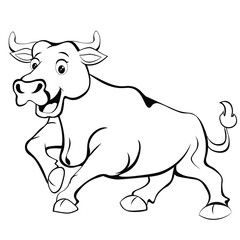 Black and white drawing of a smiling bull for coloring book. Vector illustration