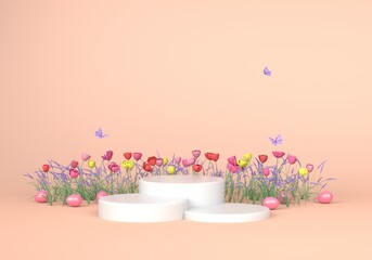 Festive podium with flowers, butterflies for the day of Holy Easter. 3D Render