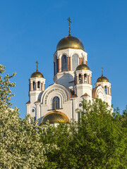 Fototapeta na wymiar Blooming apple tree against the background of the Orthodox Church and blue clear sky. Yekaterinburg, Russia