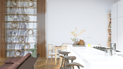 Modern stylish kitchen interior, room with wooden floor, table and sofa. 3D rendering