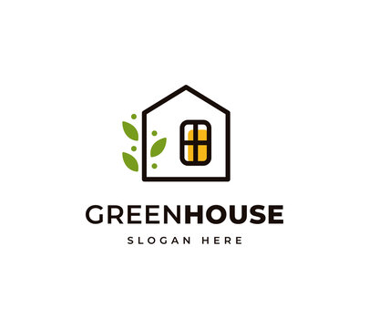 Green House Environment Building Healthy Vector Logo Design. Simple Leaf Home Organic Fresh Agriculture Logo Design