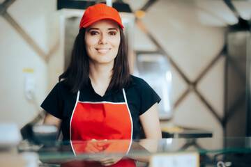 Fast Food Vendor Smiling Behind the Counter - obrazy, fototapety, plakaty