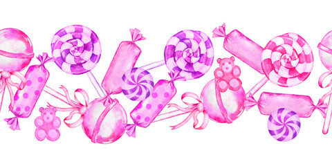 Obraz na płótnie Canvas Seamless hand drawn horizontal border of pink sweet food candies lollipop chewing gum dessert party celebration. Girl birthday holiday design.