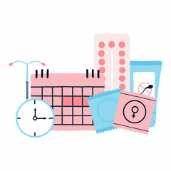  Types of contraception. Contraceptives. Condom, calendar, spiral, pills, lubricant. Vector illustration in a flat style. Poster with contraception. World Contraception Day.