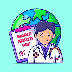 World health day concept with hand drawn of doctor, globe and medical check doodle style
