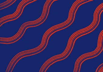 Abstract art navy blue background with wavy red color lines. Backdrop with curve fluid striped ornate. Wave pattern.