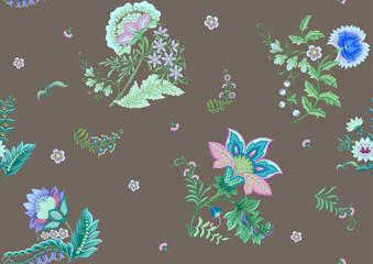 Obraz premium Fantasy flowers in retro, vintage, jacobean embroidery style. Seamless pattern on craft background. Vector illustration.