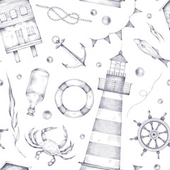 Vintage monochrome nautical seamless pattern with lighthouse, bottle, anchor, lifebuoy, wheel, seagull, crab, fish, flag, rope, pearl, knot and water plant. Pattern isolated on white background.