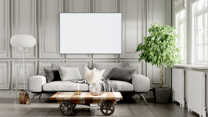 Modern interior of a room with an empty painting. Sofa and large window, wooden floor and wall. Clean lines of interior design. 3D rendering