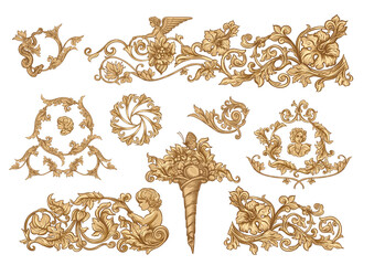 Classical luxury old fashioned royal baroque, historical ornament with lilies, victorian floral Clip art, set of elements for design Vector illustration. - obrazy, fototapety, plakaty