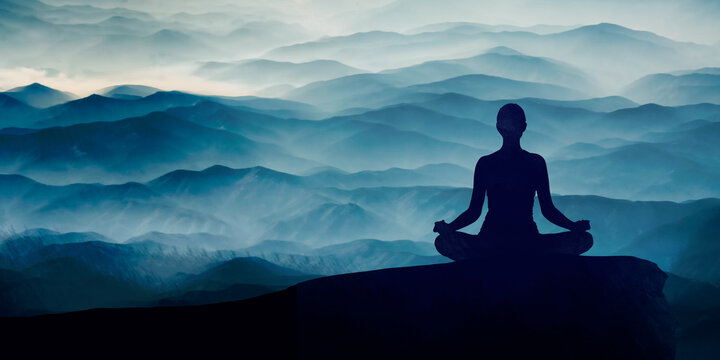 Silhouette of a woman in the lotus position and space, meditation, yoga. Mountain horizontal infinity background. Sunset. Blue hues. Mystical. Spiritual.