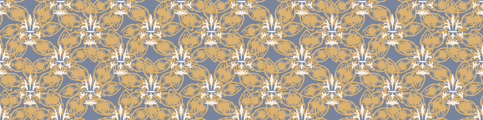 French fleur de lis royal lily seamless border. Farmhouse cottage banner. Lilies lys flower flourish motif rustic damask. © Limolida Studio