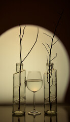 Still-life. Two large glass bottles with dry branches and a beautiful glass of water on a light background with reflection