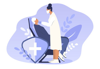 Fototapeta na wymiar vector hand drawn illustration in flat style on the theme of dentistry. dentist examines a patient sitting in a chair
