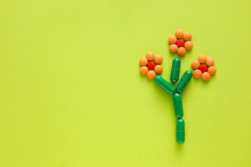 Flowers made of pills and capsules on color background
