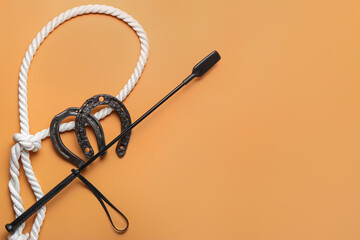Horse riding crop with rope and horseshoes on color background