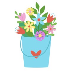 Spring bouquet of flowers in a bucket. Colorful flowers vector illustration. Element for design and print