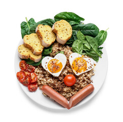 Plate with tasty breakfast on white background