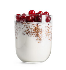 Glass with sweet yogurt, flax seeds and cranberries on white background