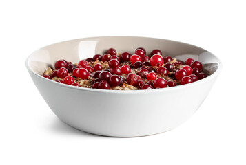 Bowl with tasty oatmeal, flax seeds and cranberries on white background