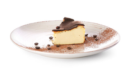 Plate with slice of tasty Basque burnt cheesecake on white background
