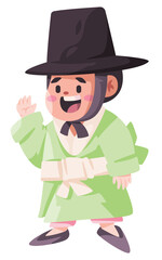 Man wearing hanbok jaegori traditional Korean fashion outfit with hat south korea cartoon character happy smile