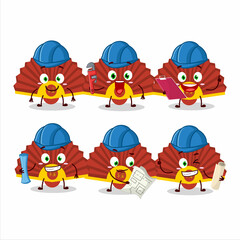 architect red chinese fan cute mascot character with pliers