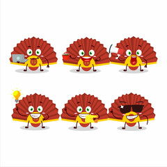 Red chinese fan cartoon character with various types of business emoticons