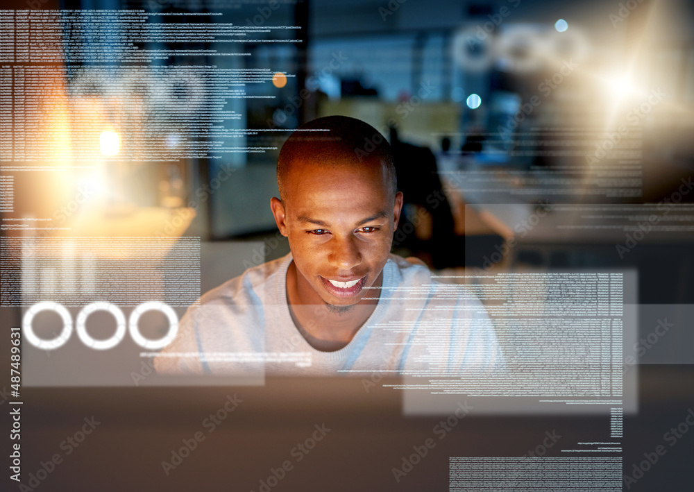 Poster i make the impossible seem possible. shot of a programmer working on a computer code at night.