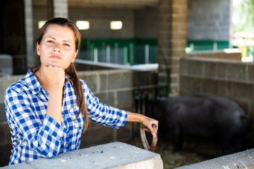 Portrait of female farmer feeding iberian pigs on farm. High quality photo