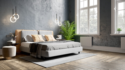 Modern beautiful interior of the room with colored walls, large windows and stylish furniture. Bright and stylish design. 3D rendering
