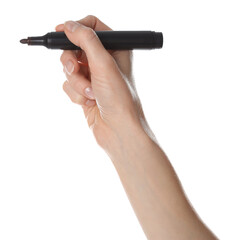 Woman holding black marker on white background, closeup